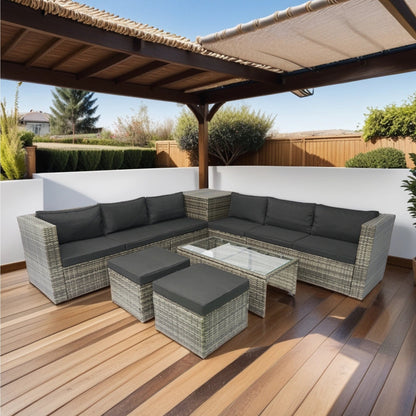 8 Piece Patio Sectional Wicker Rattan Outdoor Furniture Sofa Set with One Storage Box Under Seat and Cushion Box Grey wicker + Black Cushion + Clear Glass Top - 1st Choice Furniture Direct