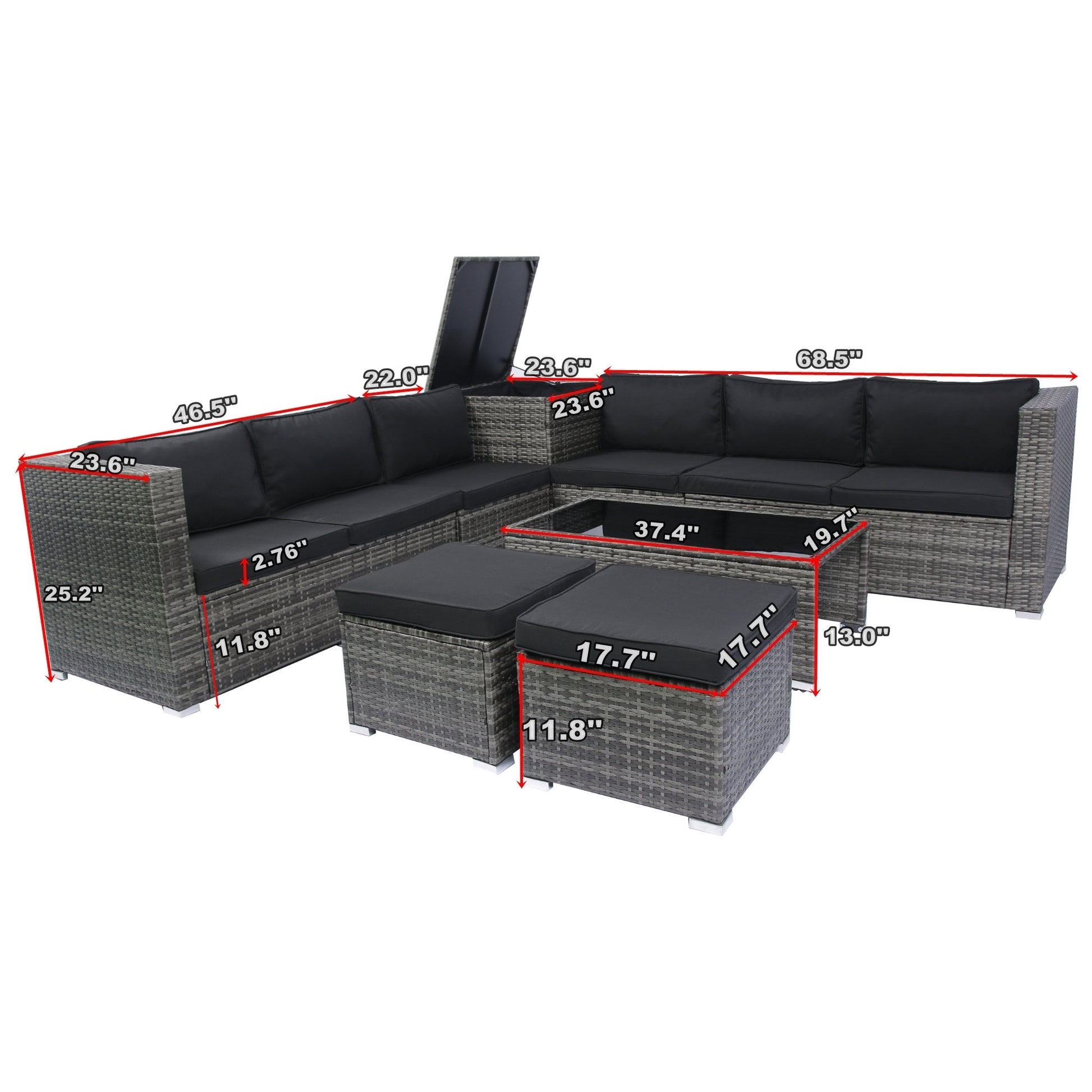 8 Piece Patio Sectional Wicker Rattan Outdoor Furniture Sofa Set with One Storage Box Under Seat and Cushion Box Grey wicker + Black Cushion + Clear Glass Top - 1st Choice Furniture Direct