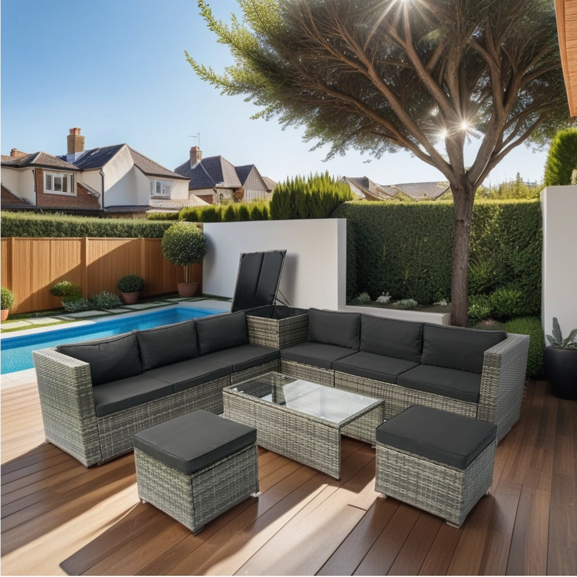 8 Piece Patio Sectional Wicker Rattan Outdoor Furniture Sofa Set with One Storage Box Under Seat and Cushion Box Grey wicker + Black Cushion + Clear Glass Top - 1st Choice Furniture Direct