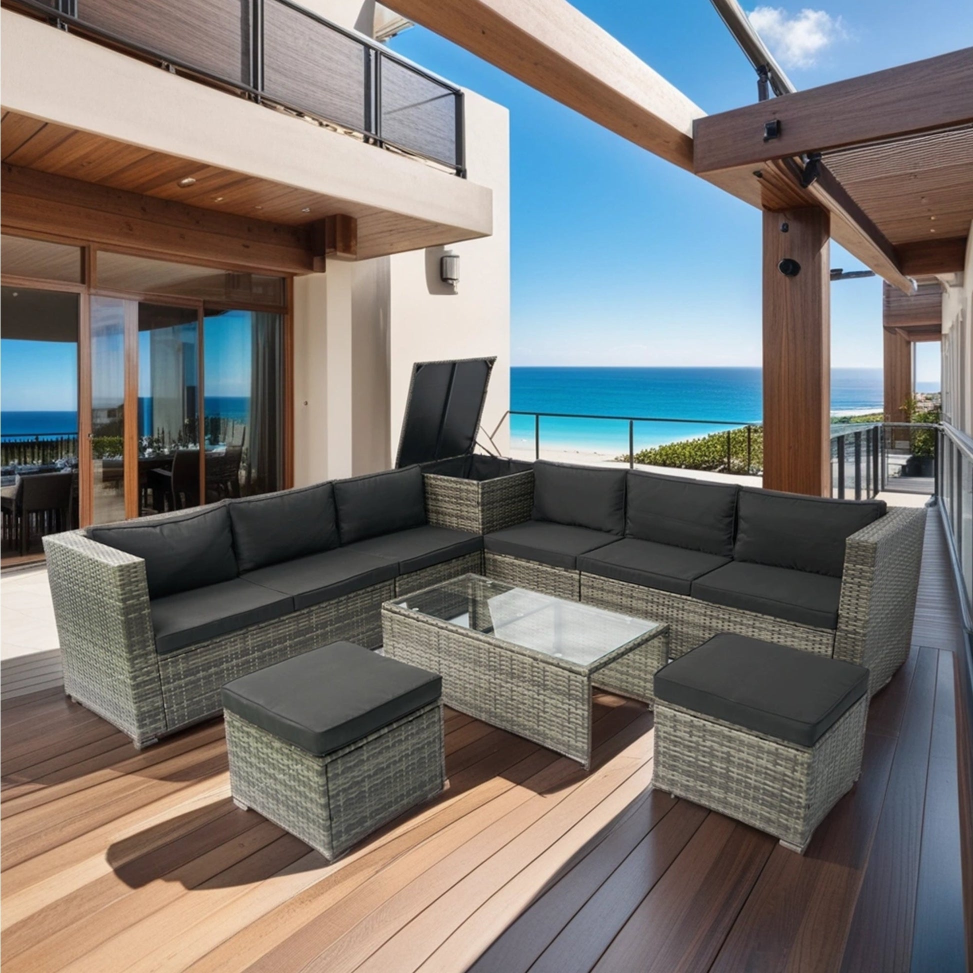 8 Piece Patio Sectional Wicker Rattan Outdoor Furniture Sofa Set with One Storage Box Under Seat and Cushion Box Grey wicker + Black Cushion + Clear Glass Top - 1st Choice Furniture Direct