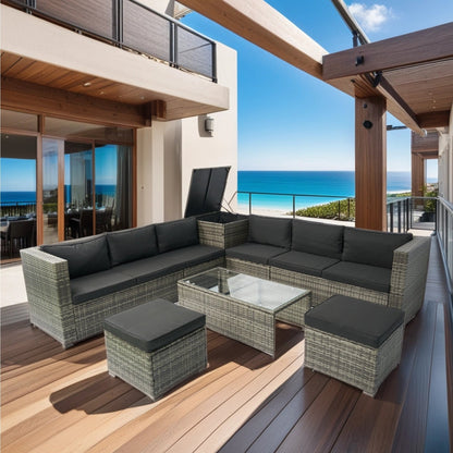 8 Piece Patio Sectional Wicker Rattan Outdoor Furniture Sofa Set with One Storage Box Under Seat and Cushion Box Grey wicker + Black Cushion + Clear Glass Top - 1st Choice Furniture Direct