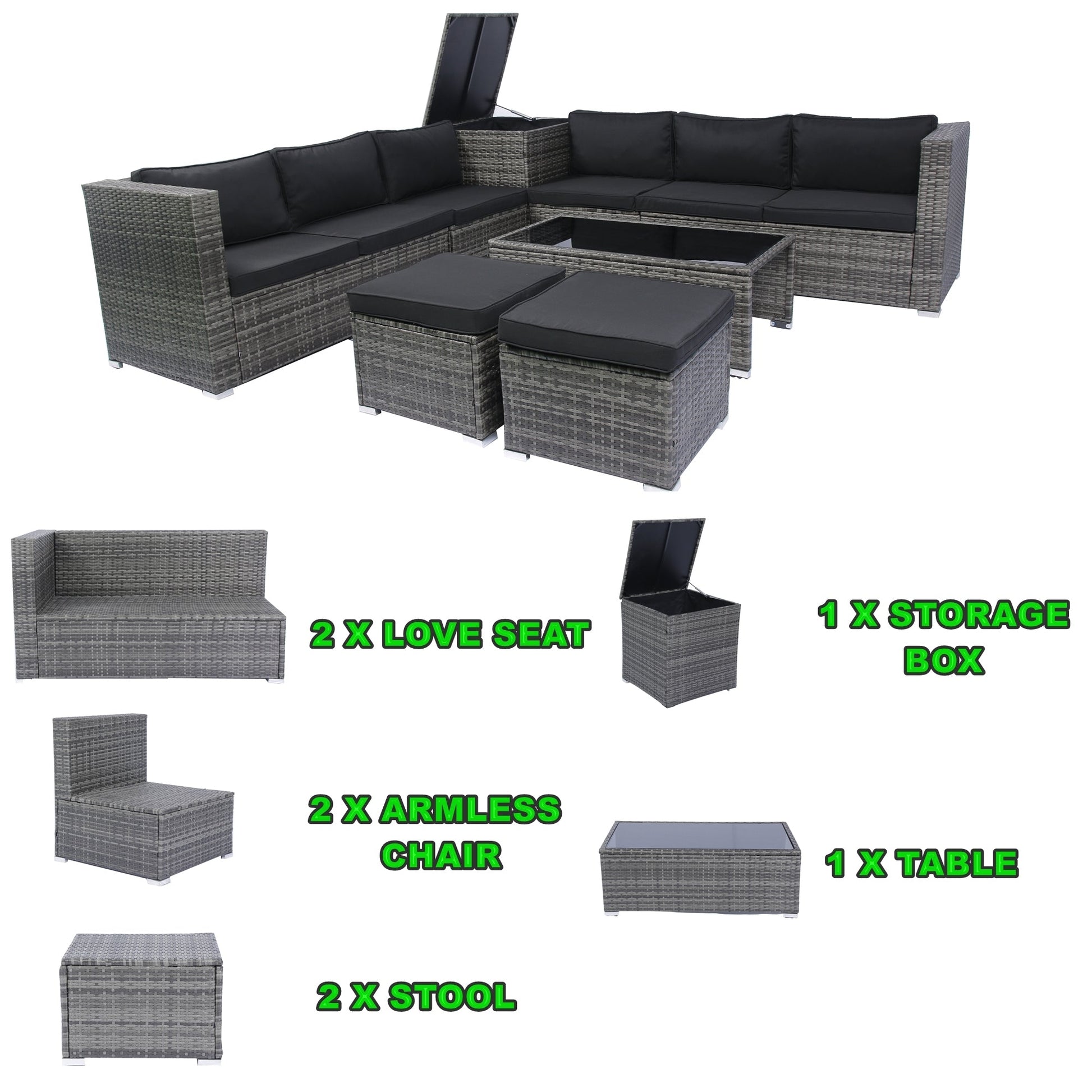 8 Piece Patio Sectional Wicker Rattan Outdoor Furniture Sofa Set with One Storage Box Under Seat and Cushion Box Grey wicker + Black Cushion + Clear Glass Top - 1st Choice Furniture Direct