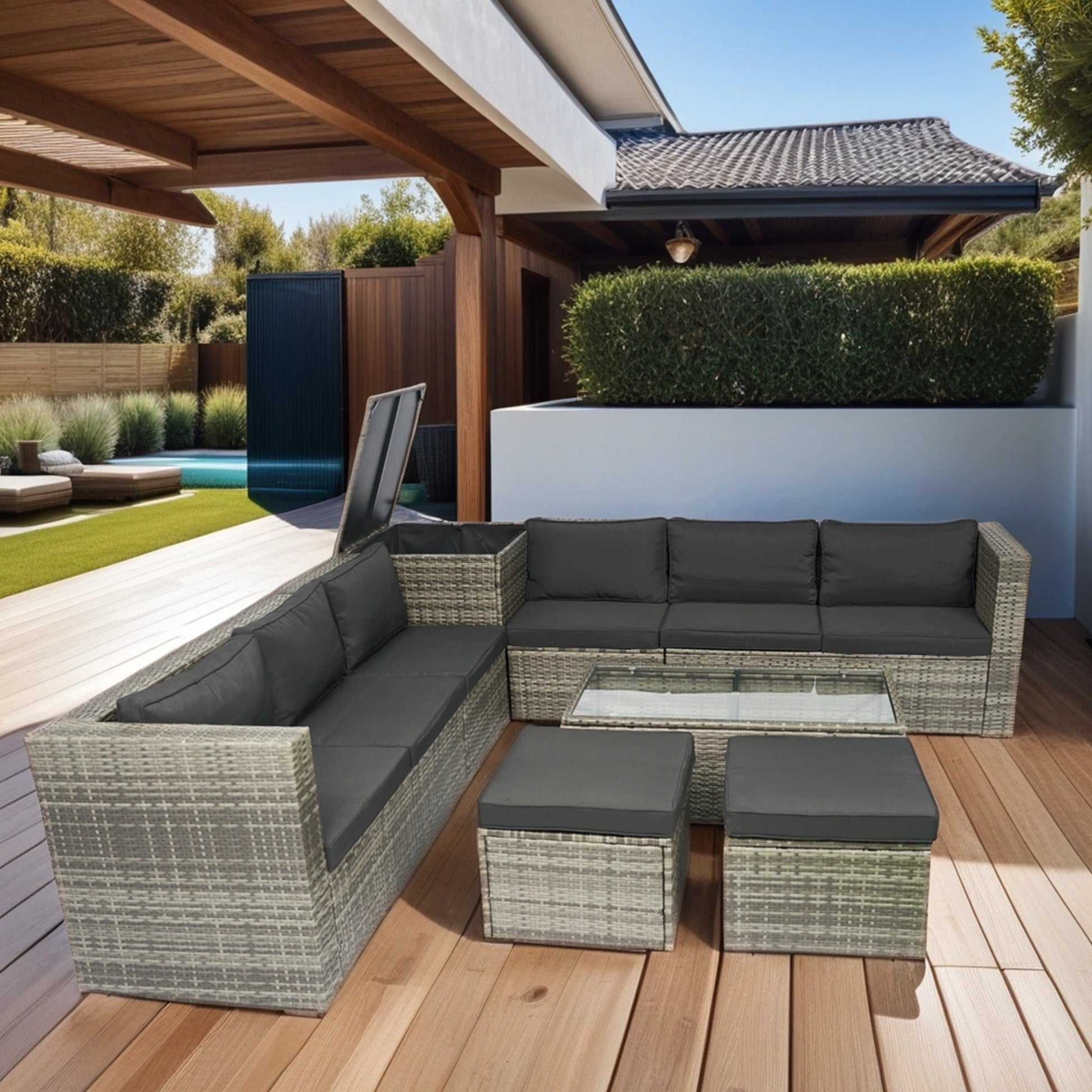 8 Piece Patio Sectional Wicker Rattan Outdoor Furniture Sofa Set with One Storage Box Under Seat and Cushion Box Grey wicker + Black Cushion + Clear Glass Top - 1st Choice Furniture Direct