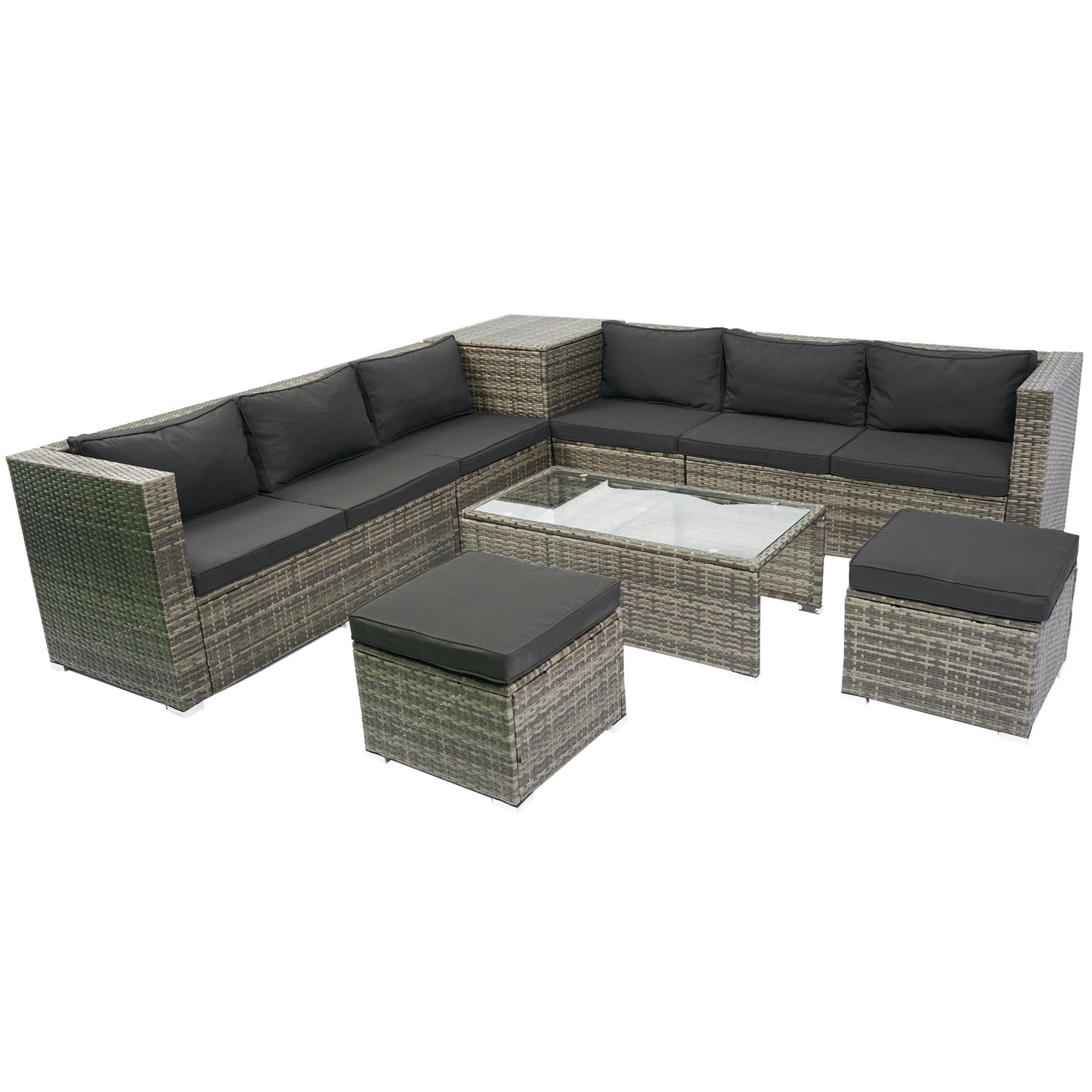 8 Piece Patio Sectional Wicker Rattan Outdoor Furniture Sofa Set with One Storage Box Under Seat and Cushion Box Grey wicker + Black Cushion + Clear Glass Top - 1st Choice Furniture Direct