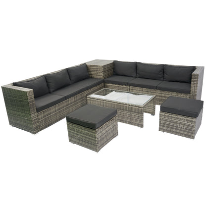 8 Piece Patio Sectional Wicker Rattan Outdoor Furniture Sofa Set with One Storage Box Under Seat and Cushion Box Grey wicker + Black Cushion + Clear Glass Top - 1st Choice Furniture Direct