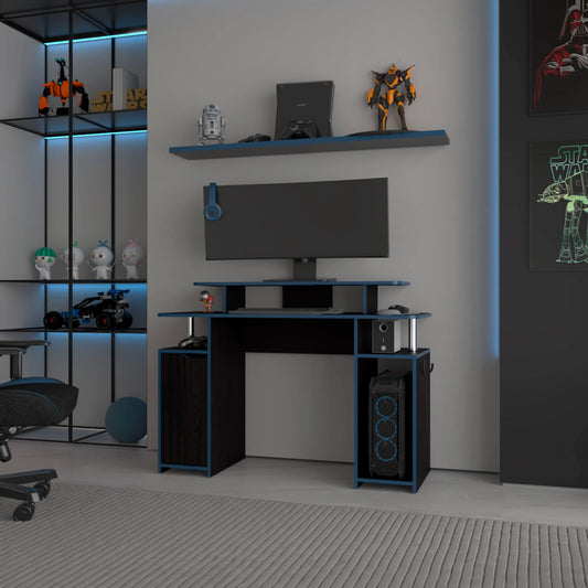 Blue Accents Minimalist Gaming Desk with Elevated Monitor Shelf