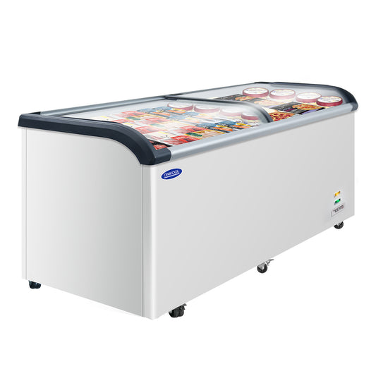 ORIKOOL Curved Top Display Freezer 19.3 Cu.ft Sliding Glass Lid Ice Cream Freezers Commercial Mobile Chest Freezer with LED Lighting