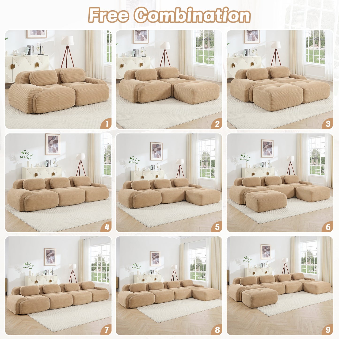 82'' 2 - seat sofa in luxuryCorduroy Fabric modular for free combo separation curved armrests ,anti - slip design high - resilience sponge fits living rooms bedrooms Audiovisual Room,Camel - 1st Choice Furniture Direct