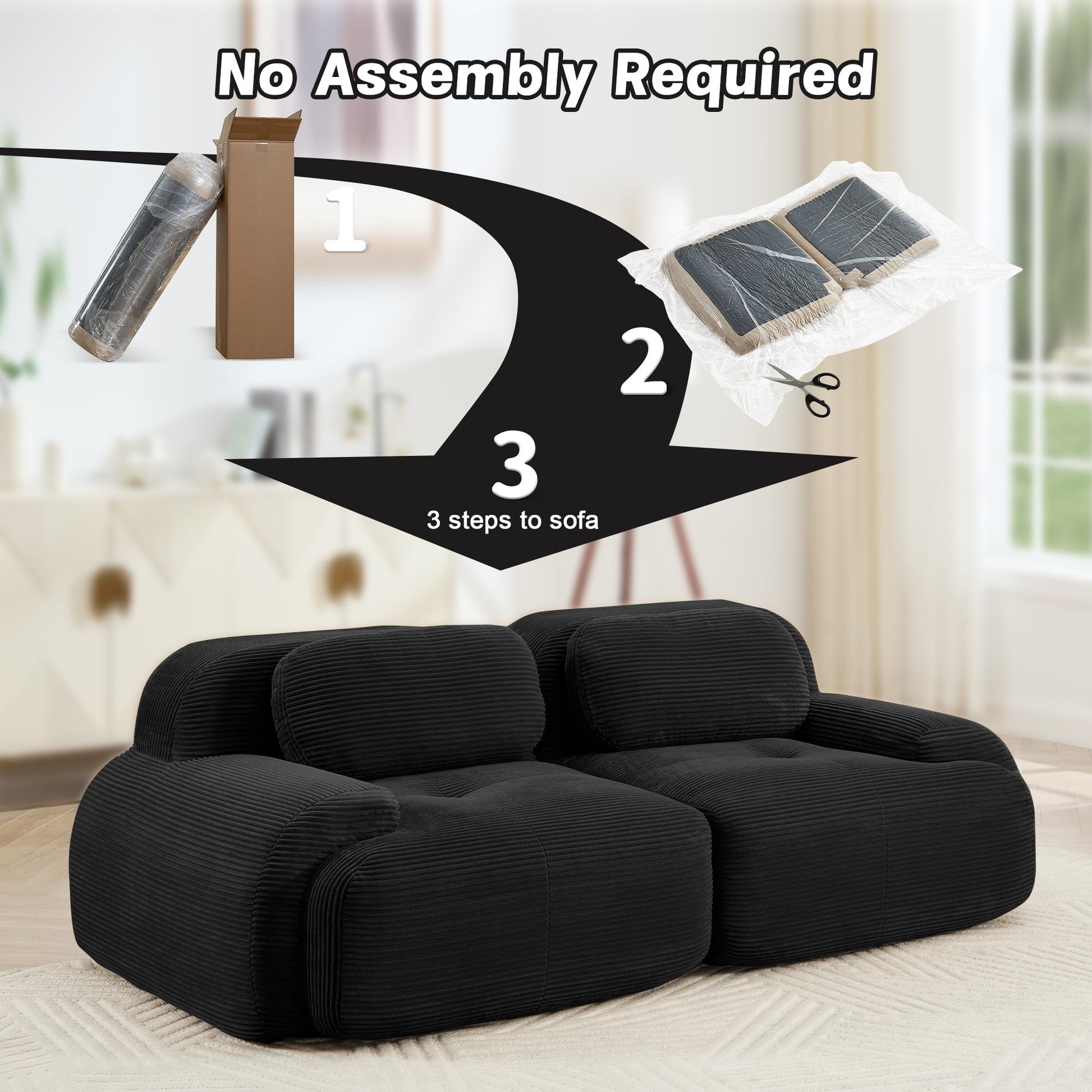 82'' loveseat sofa in luxuryCorduroy Fabric modular for free combo separation curved armrests ,anti - slip design high - resilience sponge fits living rooms bedrooms Audiovisual Room, Black - 1st Choice Furniture Direct