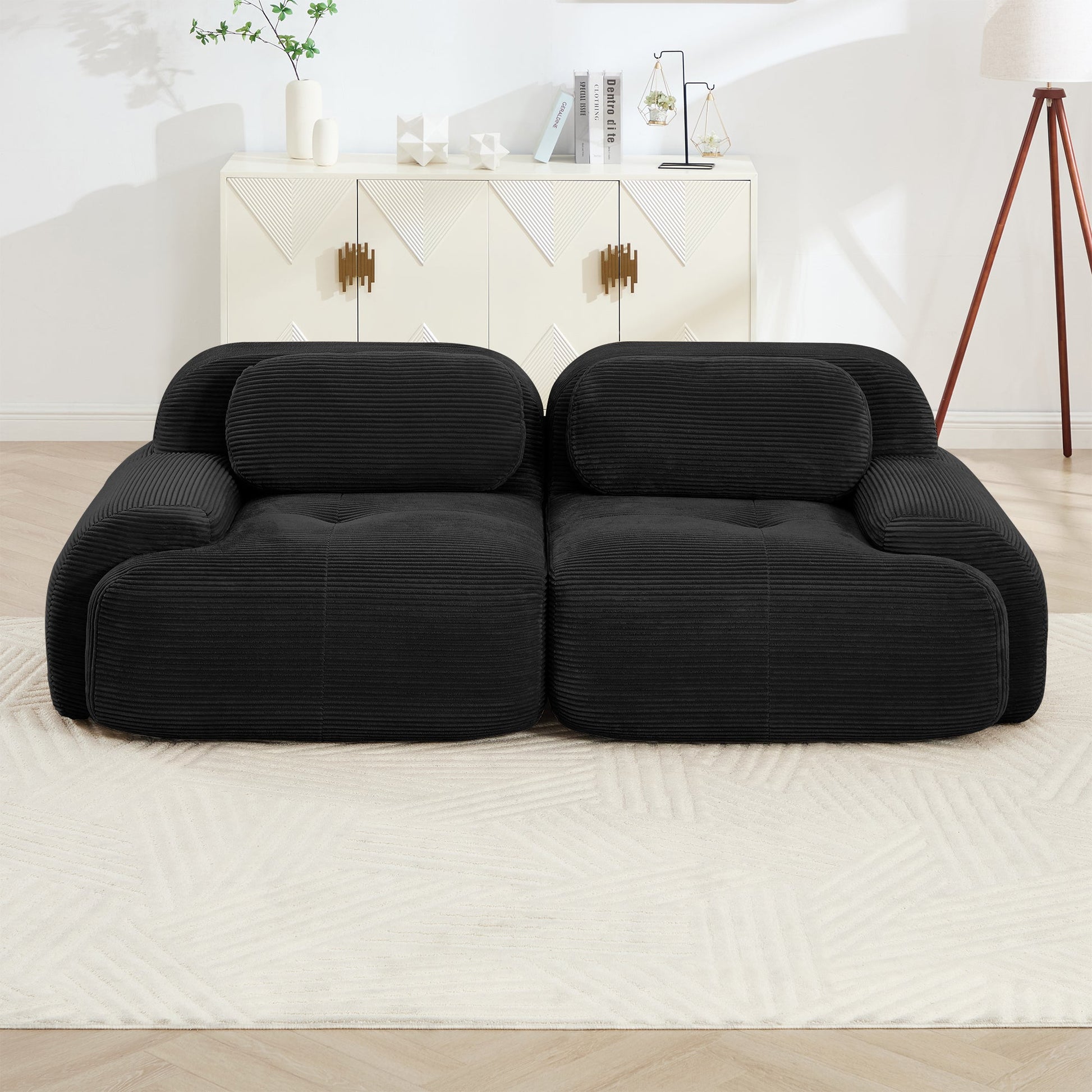 82'' loveseat sofa in luxuryCorduroy Fabric modular for free combo separation curved armrests ,anti - slip design high - resilience sponge fits living rooms bedrooms Audiovisual Room, Black - 1st Choice Furniture Direct