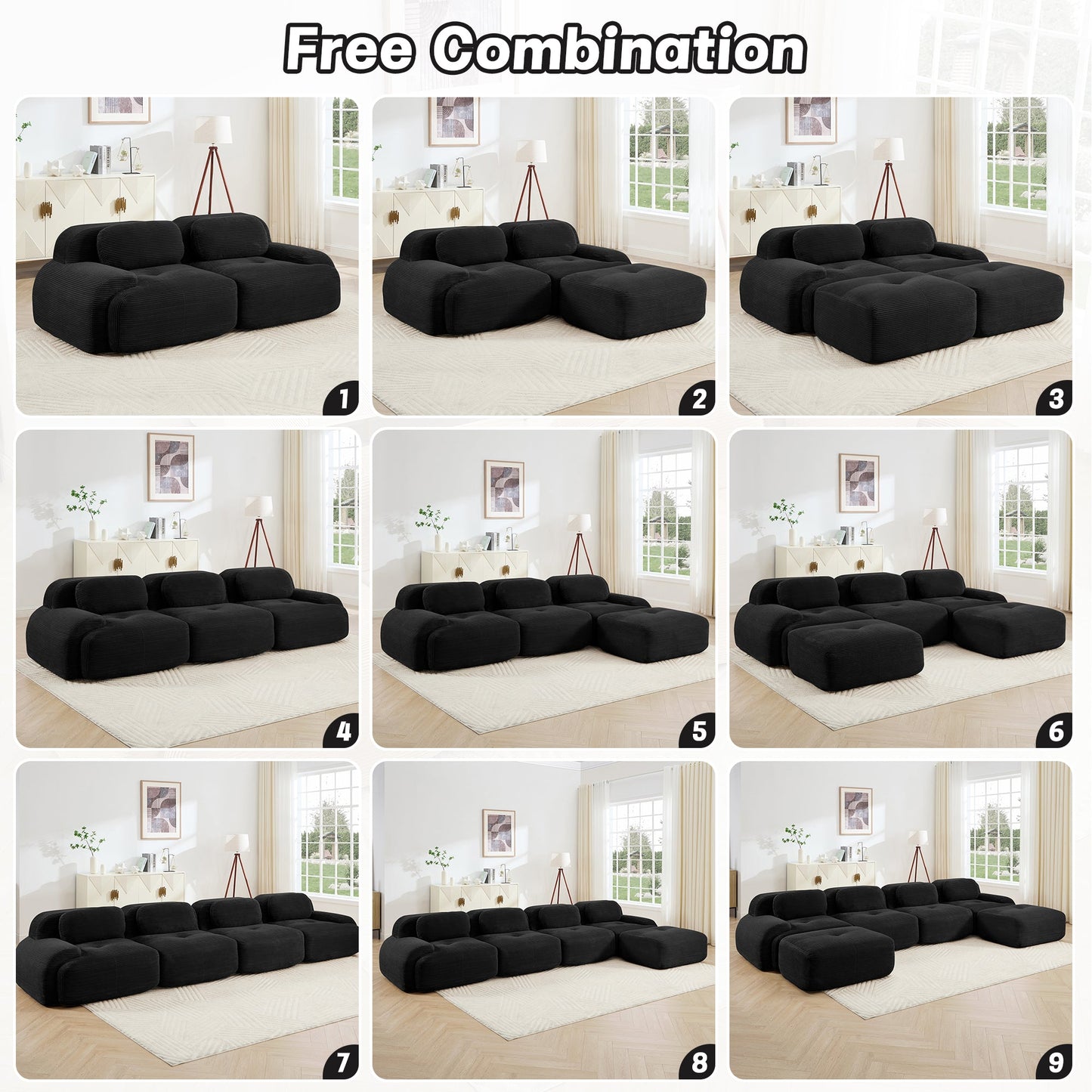 82'' loveseat sofa in luxuryCorduroy Fabric modular for free combo separation curved armrests ,anti - slip design high - resilience sponge fits living rooms bedrooms Audiovisual Room, Black - 1st Choice Furniture Direct