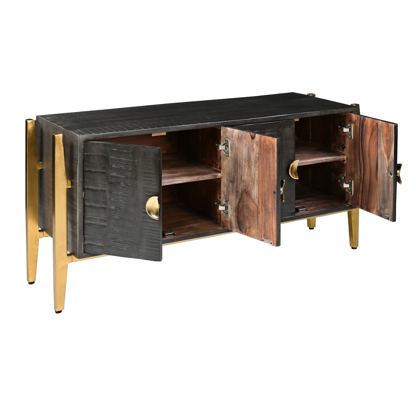 Tali 48 Inch Accent Sideboard Buffet Cabinet, 2 Doors with Gold Round Handles, Saw Marked, Charcoal Gray Acacia Wood