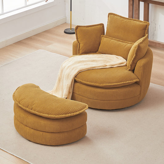 38'W Oversized Swivel Chair with moon storage ottoman for Living Room, Modern Accent Round Loveseat Circle Swivel Barrel Chairs for Bedroom Cuddle Sofa Chair Lounger Armchair, 4 Pillows,CORDUROY