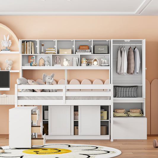 Full Size Wooden Loft Bed Big Storage with Under-bed Desk, with Drawers, with Shelves, White