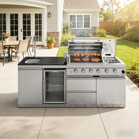 85-Inch 4-Burner 72000 BTU Deluxe Stainless Steel Gas Outdoor Kitchen Bar Barbecue Island Grill + Wine Cooler Compact Refrigerator + Rotisserie kit + Granite Countertops + Stainless steel Sink - 1st Choice Furniture Direct