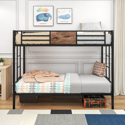 Twin Over Twin Size Metal Bunk Bed with Double Safety Guard Rails, Heavy Duty, Space-Saving Design, Steel Bed for School, Bedroom (Vintage Brown)