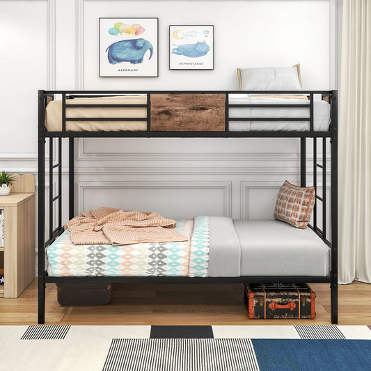 Twin Over Twin Size Metal Bunk Bed with Double Safety Guard Rails, Heavy Duty, Space-Saving Design, Steel Bed for School, Bedroom (Vintage Brown)