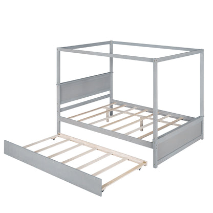 1st Choice Wood Canopy Bed with Trundle Bed Full Size Canopy Platform