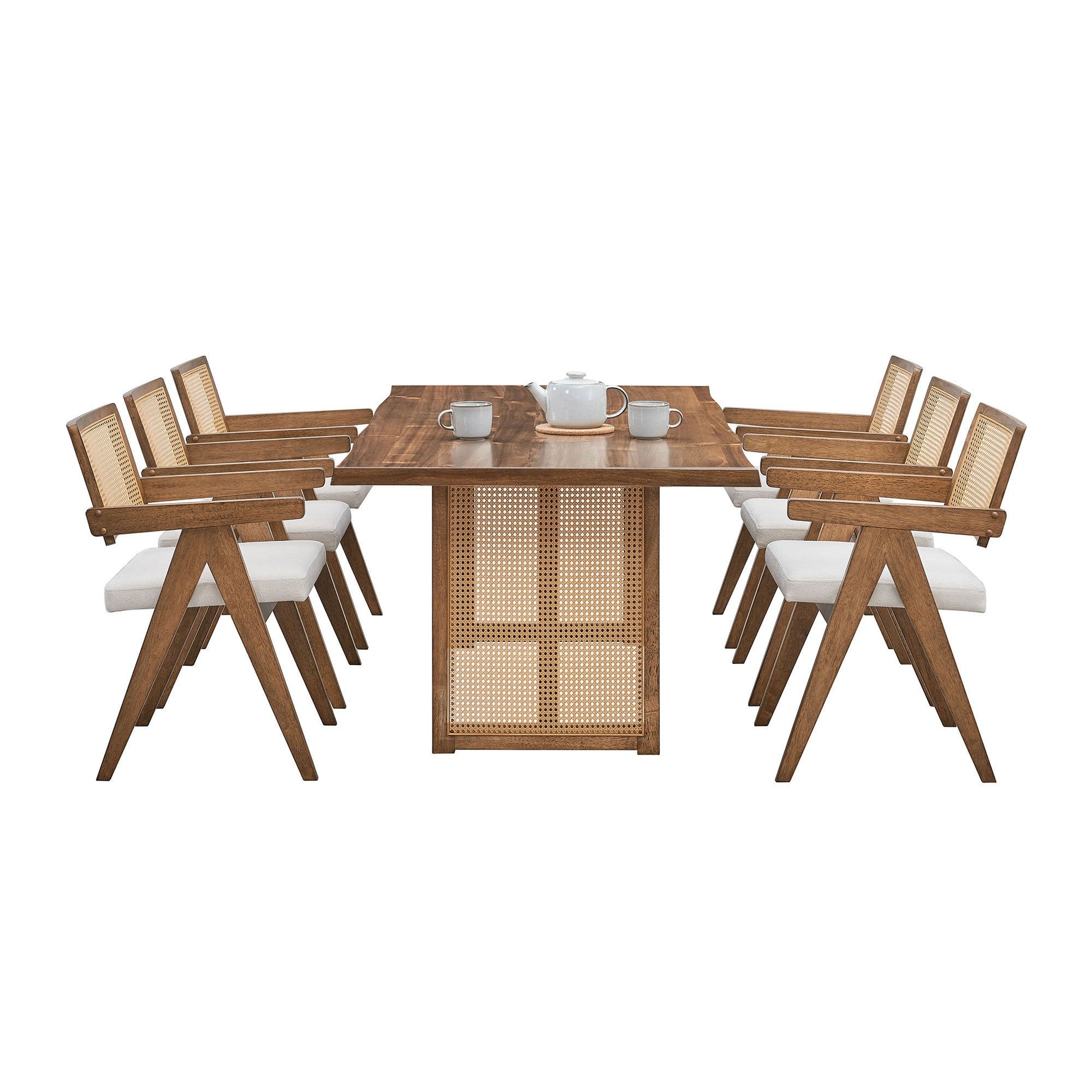 86.61 Inch Oversize Rectangular Waves Dining Table,Wooden Dining Table for 6 Persons,Mid Century Modern Large Kitchen Table for Living Room,Bohemian Dining Table with Rattan Weave for Restaurant - 1st Choice Furniture Direct