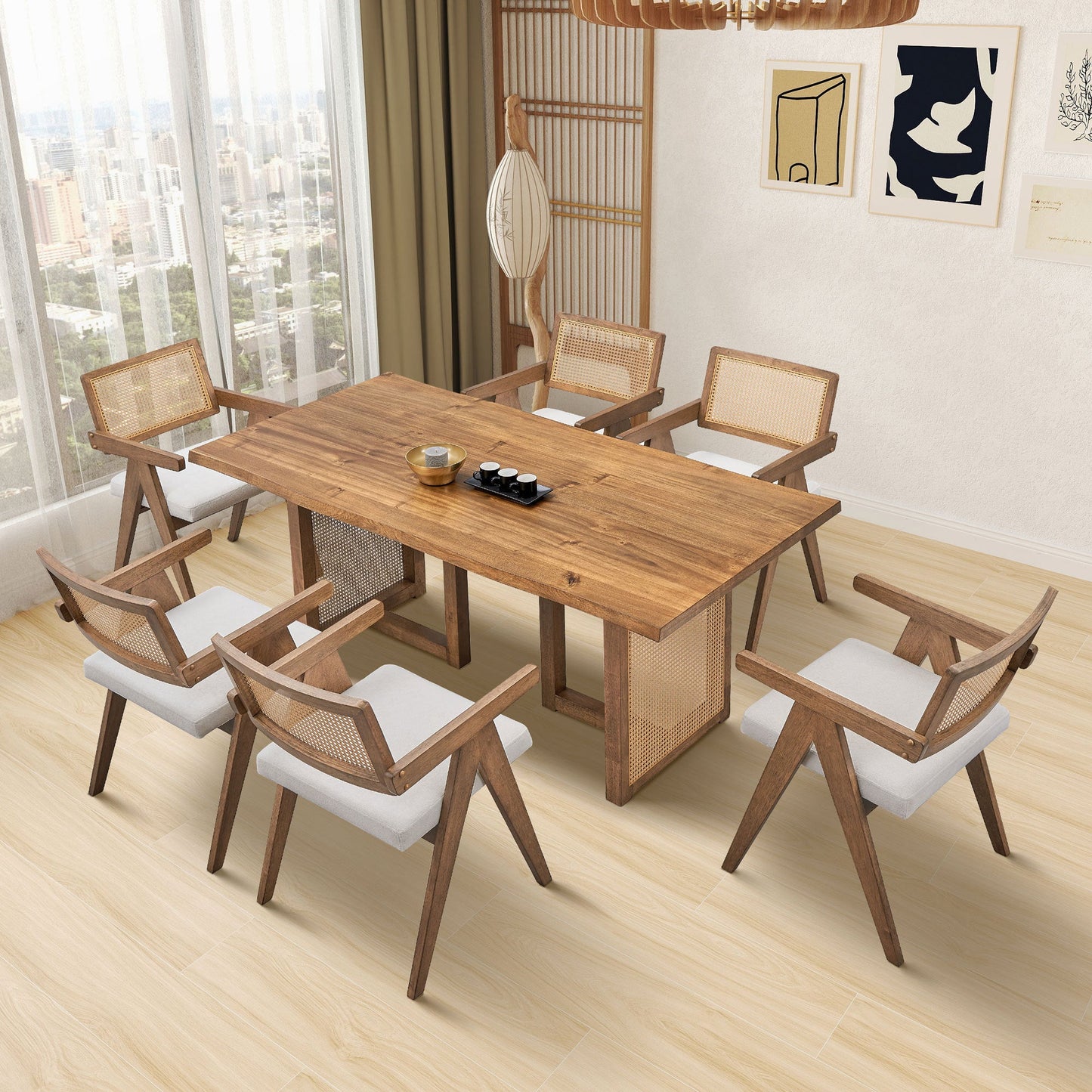 86.61 Inch Oversize Rectangular Waves Dining Table,Wooden Dining Table for 6 Persons,Mid Century Modern Large Kitchen Table for Living Room,Bohemian Dining Table with Rattan Weave for Restaurant - 1st Choice Furniture Direct