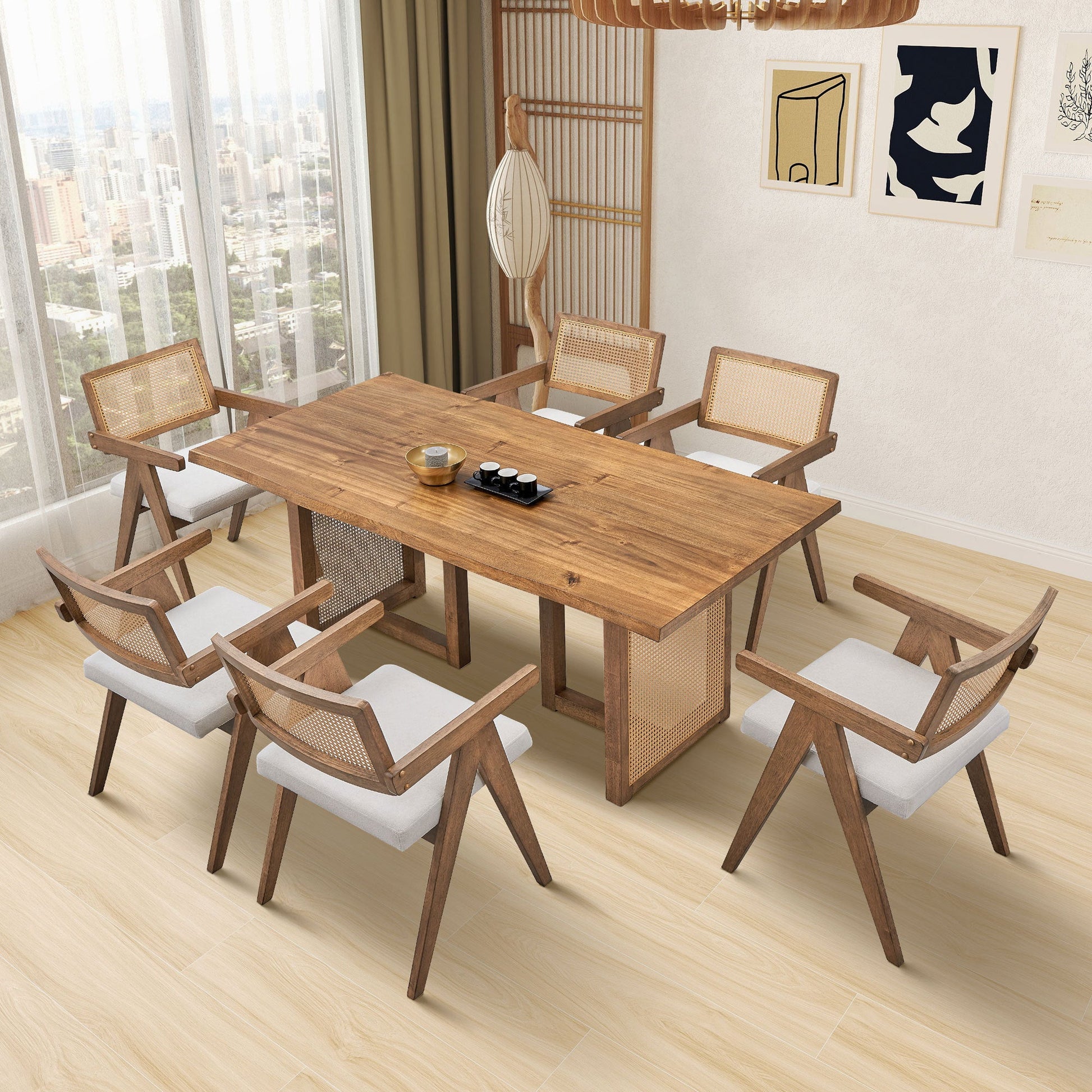 86.61 Inch Oversize Rectangular Waves Dining Table,Wooden Dining Table for 6 Persons,Mid Century Modern Large Kitchen Table for Living Room,Bohemian Dining Table with Rattan Weave for Restaurant - 1st Choice Furniture Direct