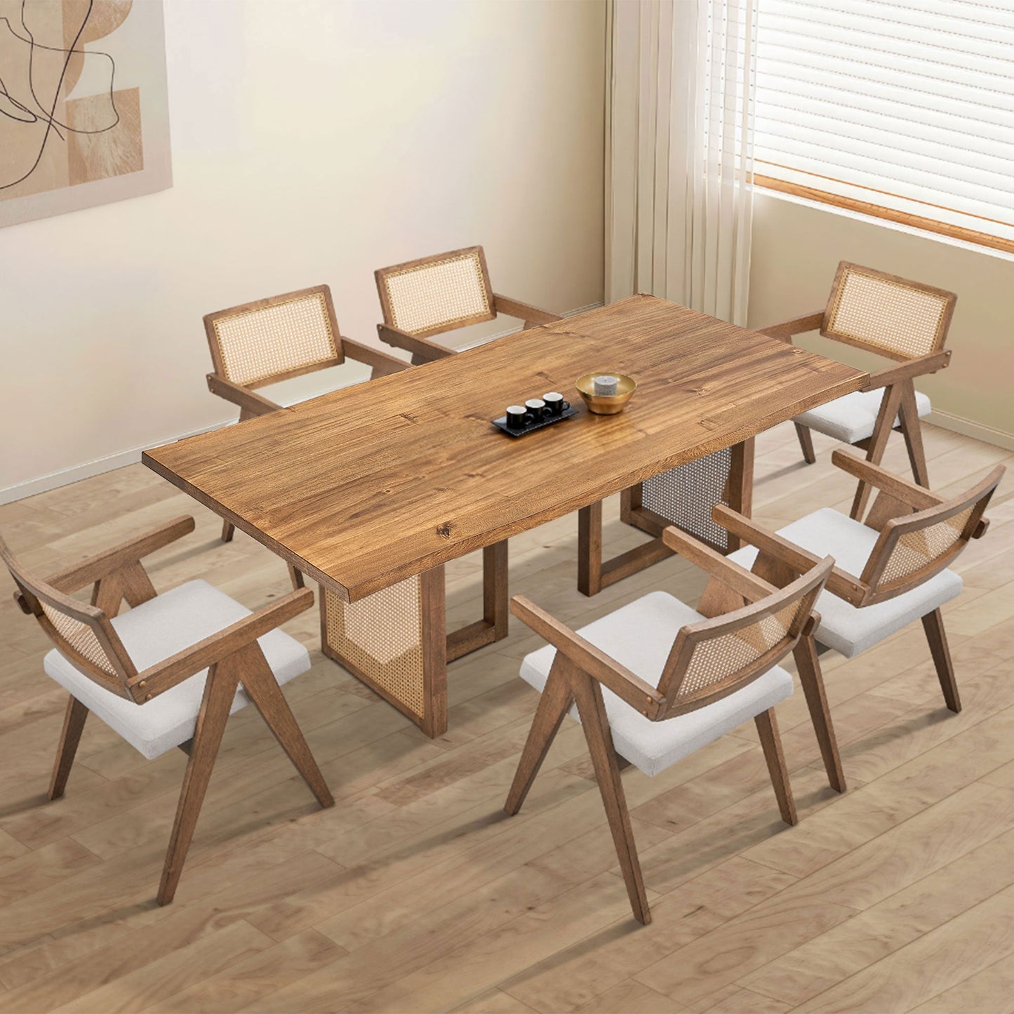 86.61 Inch Oversize Rectangular Waves Dining Table,Wooden Dining Table for 6 Persons,Mid Century Modern Large Kitchen Table for Living Room,Bohemian Dining Table with Rattan Weave for Restaurant - 1st Choice Furniture Direct