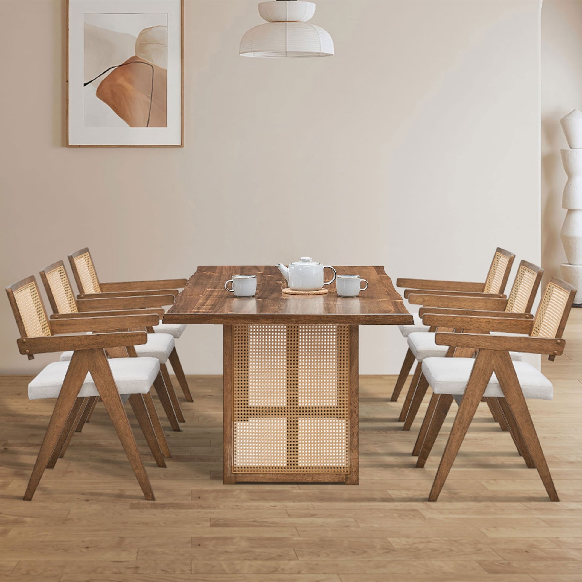 86.61 Inch Oversize Rectangular Waves Dining Table,Wooden Dining Table for 6 Persons,Mid Century Modern Large Kitchen Table for Living Room,Bohemian Dining Table with Rattan Weave for Restaurant - 1st Choice Furniture Direct
