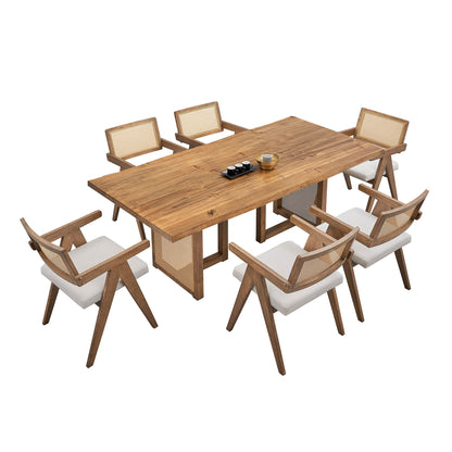 86.61 Inch Oversize Rectangular Waves Dining Table,Wooden Dining Table for 6 Persons,Mid Century Modern Large Kitchen Table for Living Room,Bohemian Dining Table with Rattan Weave for Restaurant - 1st Choice Furniture Direct
