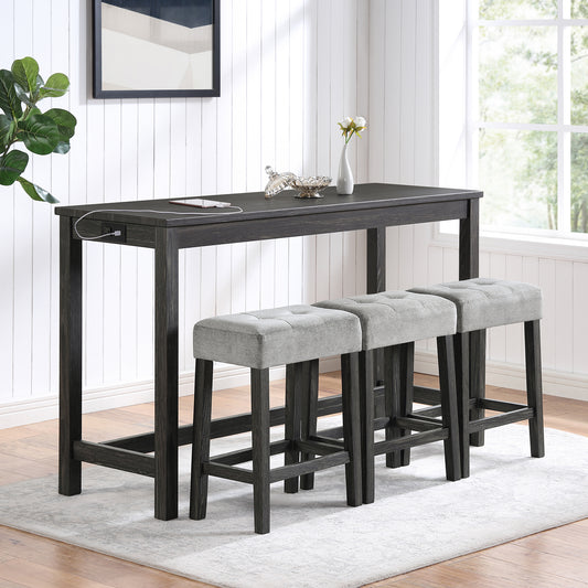 Bar Table Set with Power Outlet, Bar Table and Chairs Set, 4 Piece Dining Table Set, Industrial Breakfast Table Set, for Living Room, Dining Room, Game Room, old sku W1781110564