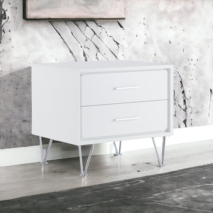 White Nightstand with 2 Drawers and Chrome V-Shaped Legs