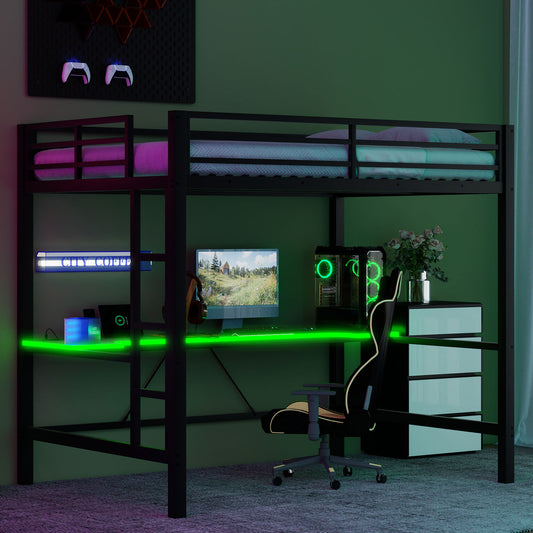 Full Size Gaming Metal Loft Bed Frame with LED Light and Desk,Black