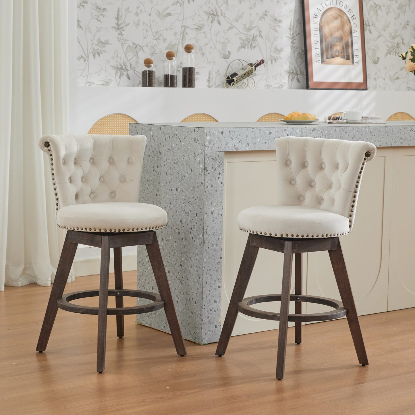 Beige Velvet Swivel Bar Stools Set of 2 | Tufted Counter Height Chairs with Wood Legs