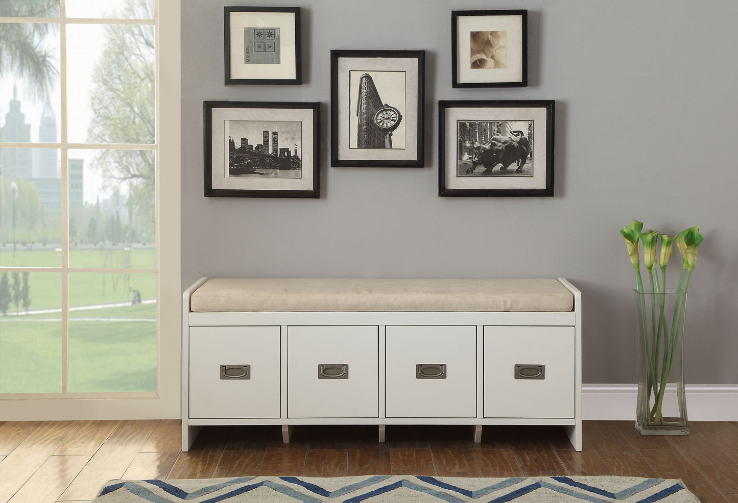 Berci Beige Fabric & White Finish Bench W/Storage