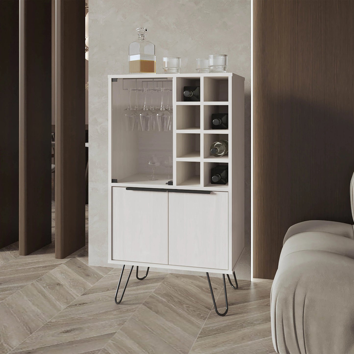 White Bar Cabinet with Glass Rack and Wine Storage