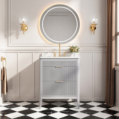 Fully Assembled 30''  Grey Freestanding Single Sink Bathroom Vanity with 2 Handle Sets and Engineered Marble Top