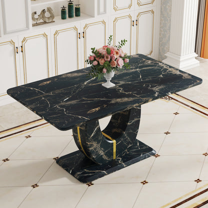 Modern Style Black Imitation Marble Grain MDF Dining Table - 63'x37' Gold U-Shaped Leg Design. MDF dining table.Game desk .Dining Table.For dining room, living room, kitchen .63''*37''*30''
