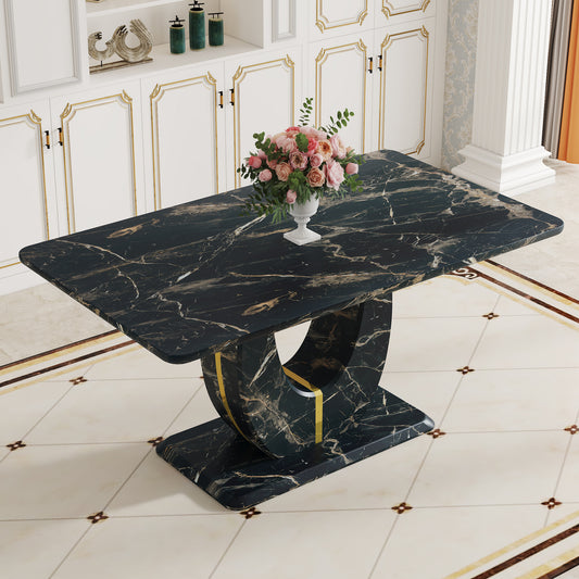 Modern Style Black Imitation Marble Grain MDF Dining Table - 63'x37' Gold U-Shaped Leg Design. MDF dining table.Game desk .Dining Table.For dining room, living room, kitchen .63''*37''*30''