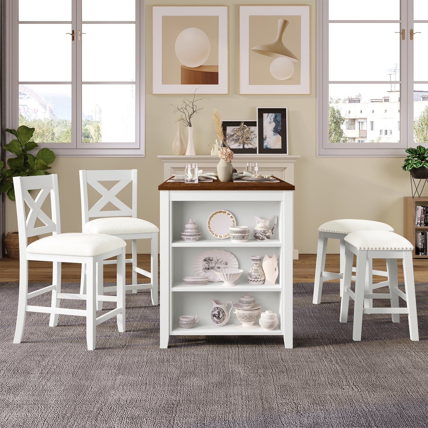 TOPMAX 5 Pieces Counter Height Rustic Farmhouse Dining Room Wooden Bar Table Set with 2 stools and 2 Chairs, White