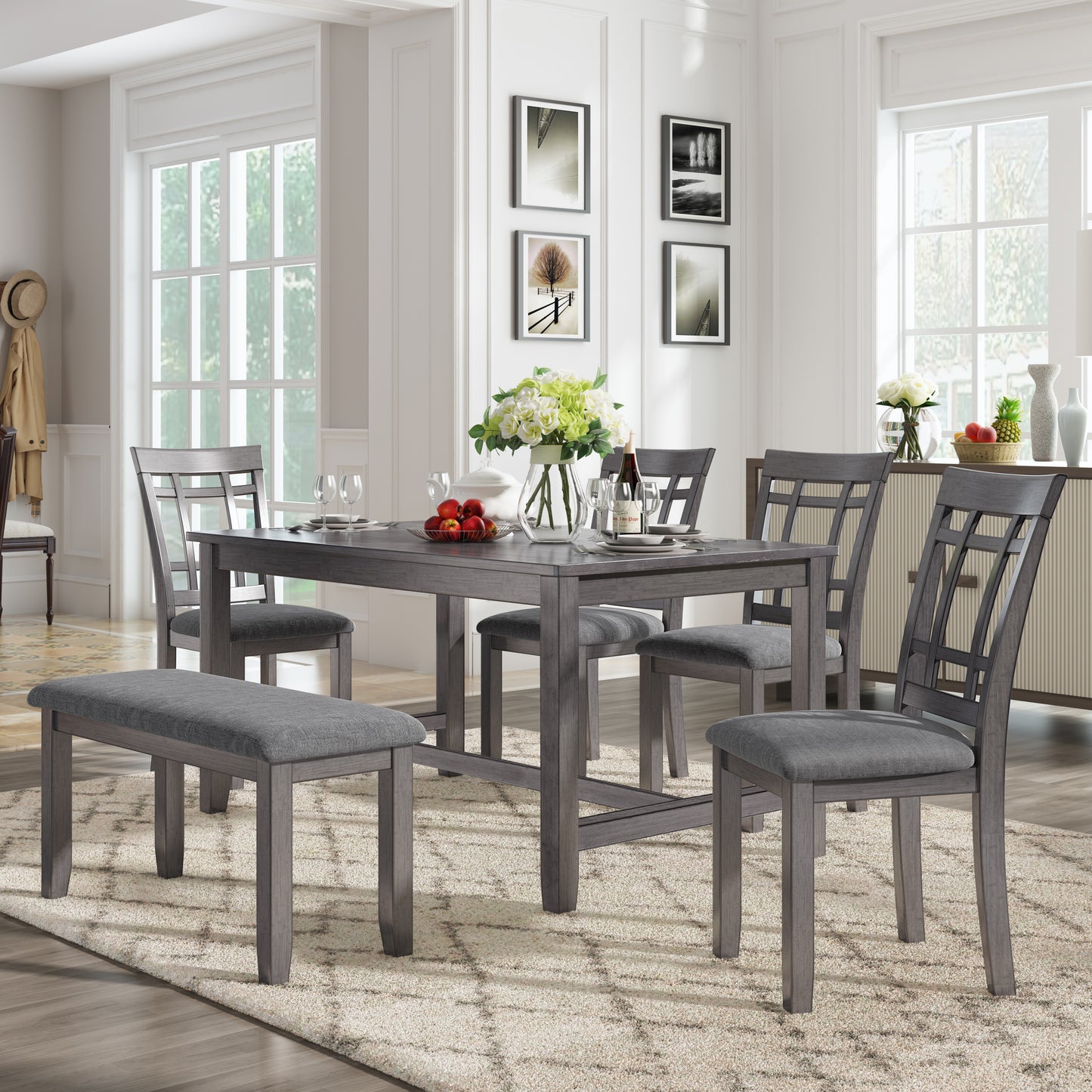 1st Choice 6 Piece Wooden Gray Dining Table Set Farmhouse Rustic Style