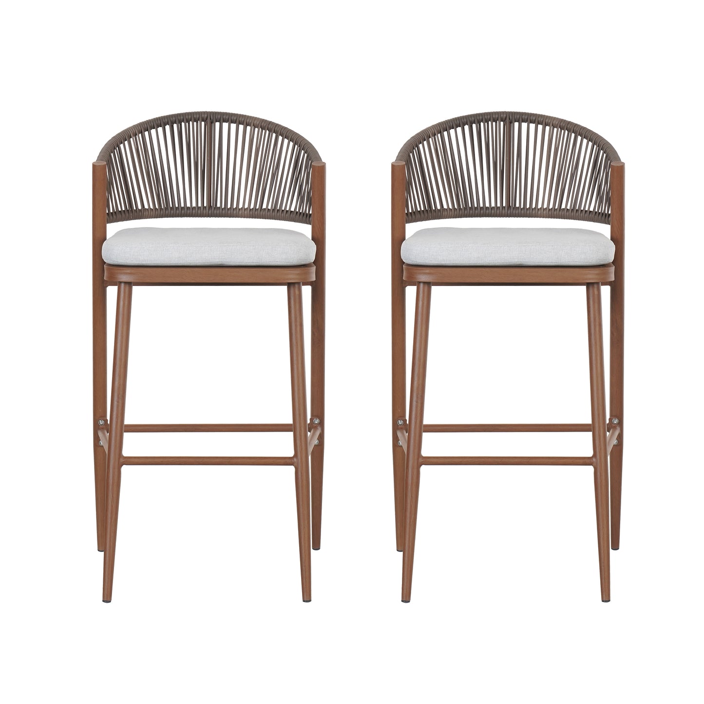 Outdoor Wicker Bar Stools Set of 2 – Teak Finish Aluminum Patio Chairs with Cushions