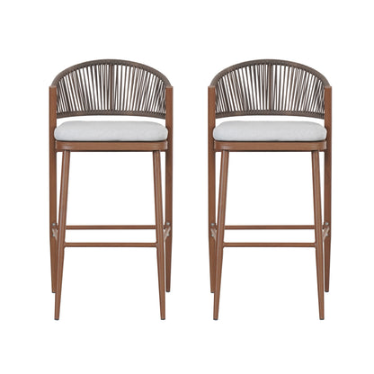 Outdoor Wicker Bar Stools Set of 2 – Teak Finish Aluminum Patio Chairs with Cushions