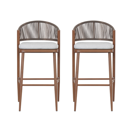 Outdoor Wicker Bar Stools Set of 2 – Teak Finish Aluminum Patio Chairs with Cushions