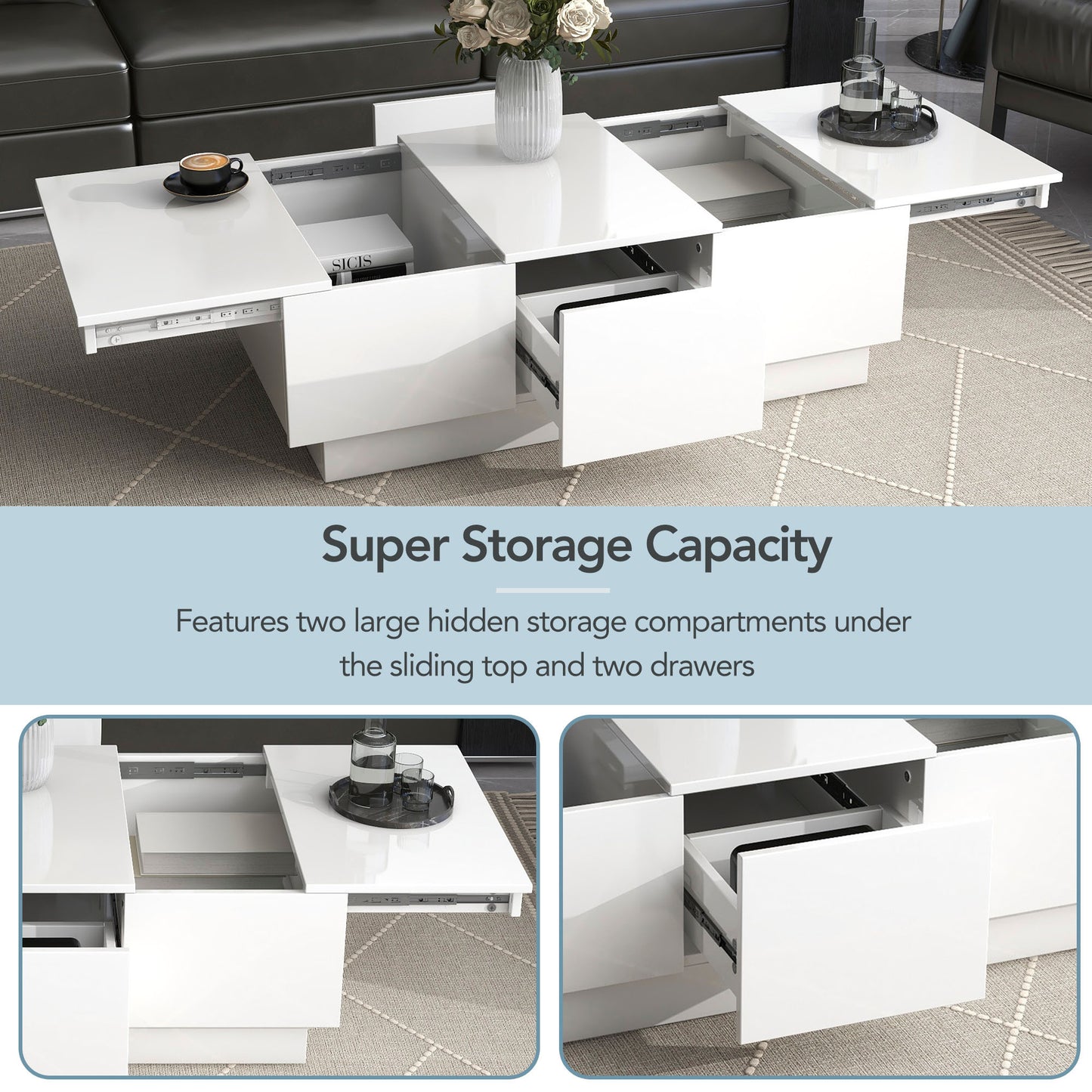 1st Choice Multifunctional White Coffee Table with 2 large Hidden Storage