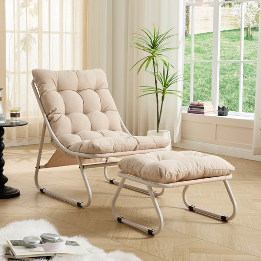 Patio Outdoor Lounge Chair with Ottoman, Comfy Sling Recliner Chair with Puffy Cushion and Foot Stool, Ideal for Living Room, Bedroom, Reading Room, Beige frame with beige cushion