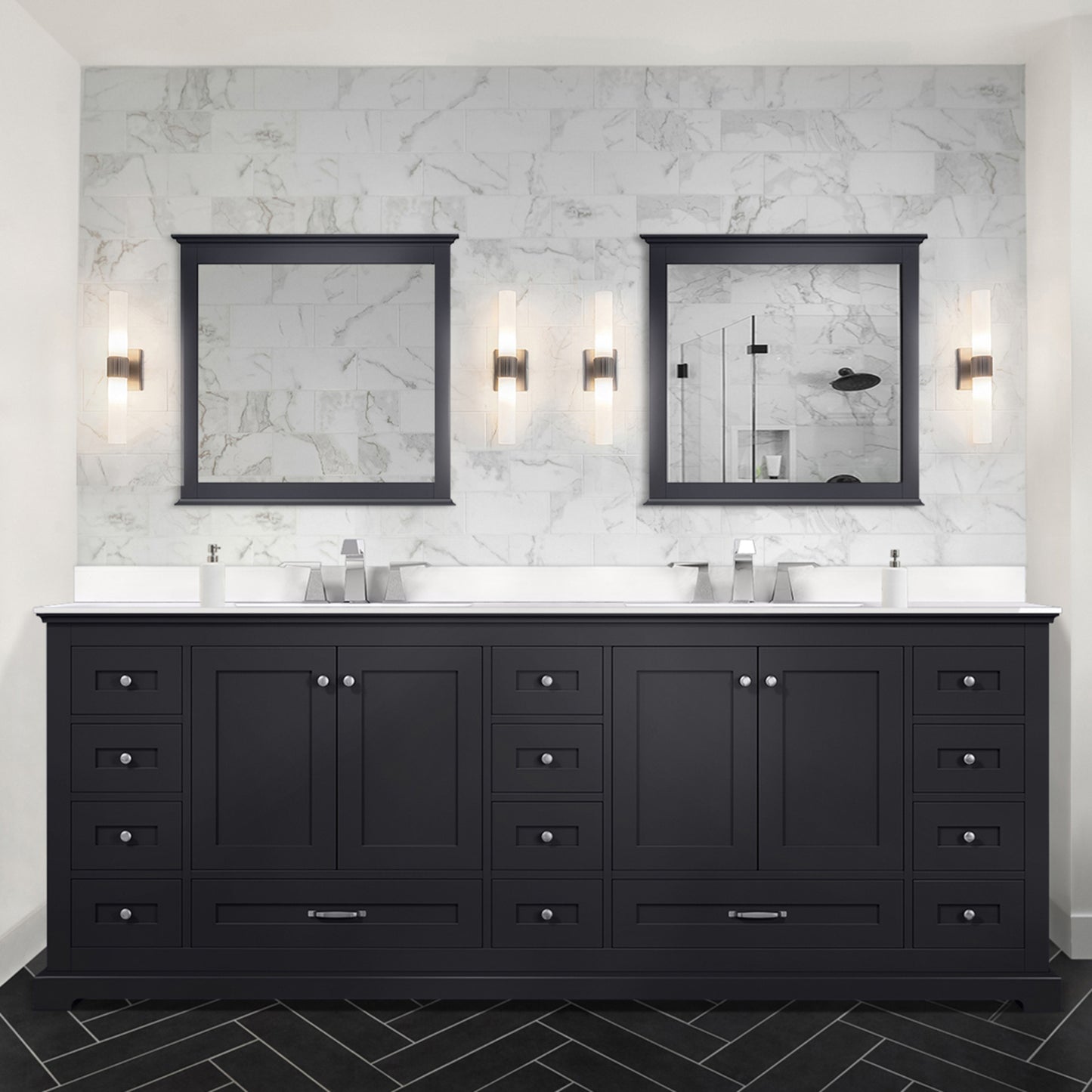 Espresso Double Bath Vanity 84 in. W x 22 in. D, White Quartz Top, and Faucet Set