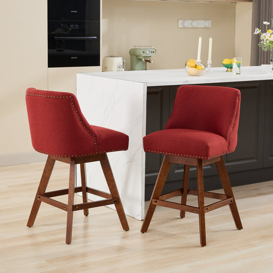 Wine Red Swivel Bar Stools Set of 2 | 26” Upholstered Counter Height Chairs