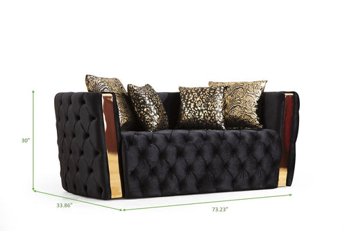 1st Choice Button Tufted 3Pc Black Sofa Set with Velvet Fabric and Gold Accent