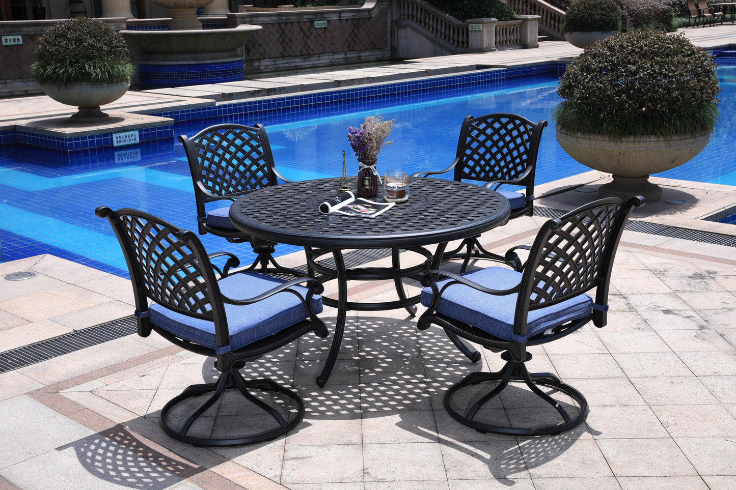 Round 4 - Person 51.97' Long Powder Coated Aluminum Dining Set with Navy Blue Cushions