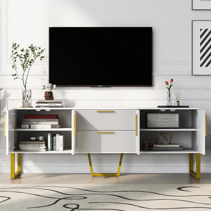 U-Can Modern TV Stand for TVs up to 75 Inches, Storage Cabinet with Drawers and Cabinets, Wood TV Console Table with Metal Legs and Handles for Living room, White