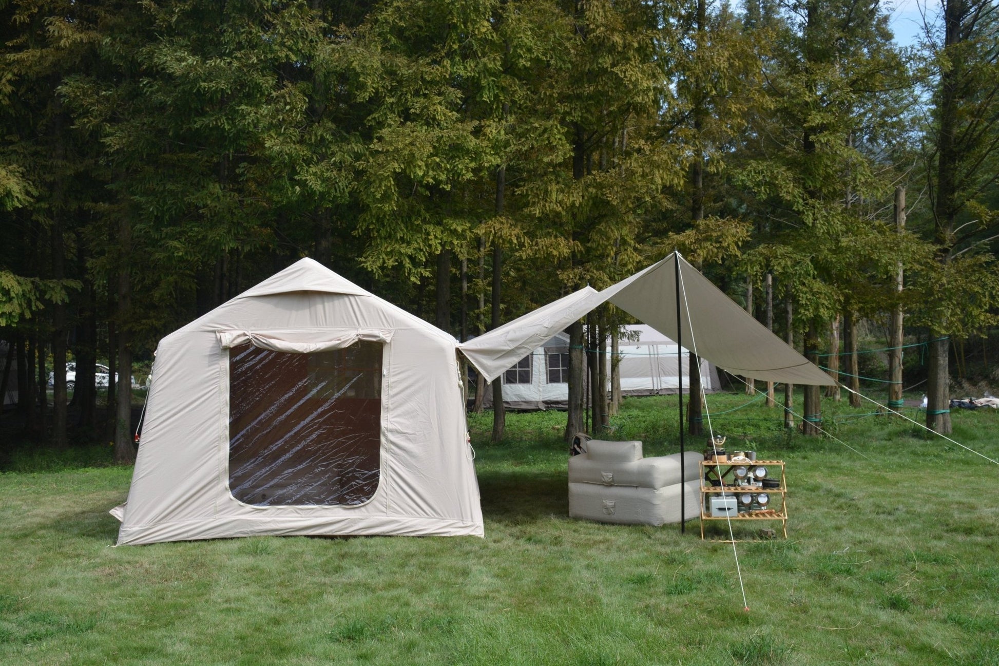 9.8 x13ft with canopy, Inflatable Camping Tents with Hand Pump, Air Glamping Tents, Easy Setup Waterproof and Windproof Blow up Tent Beige - 1st Choice Furniture Direct